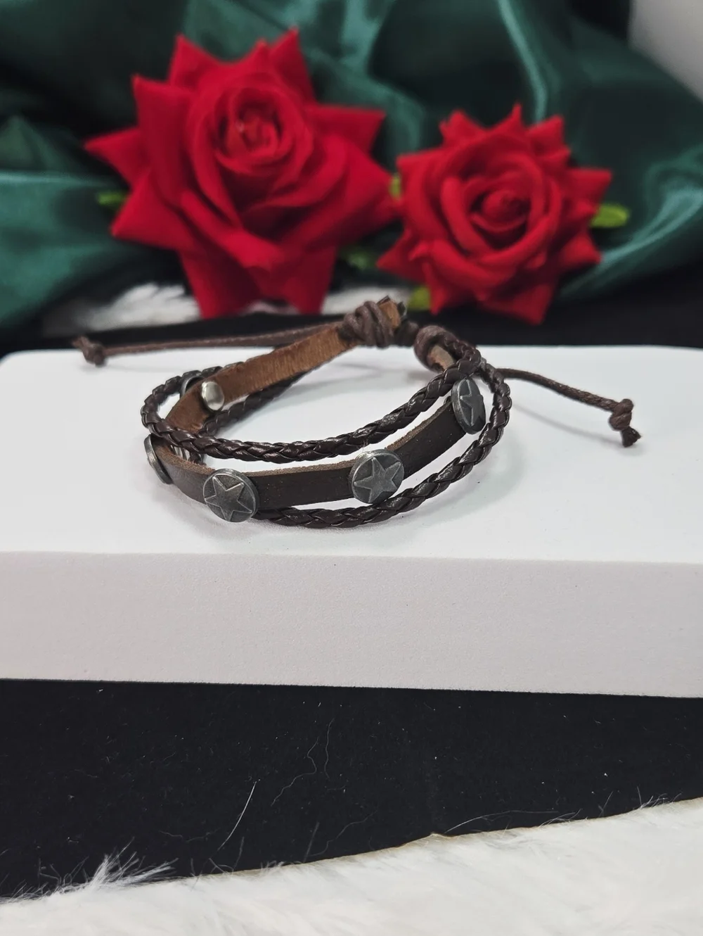 Men’s Leather Wrap Bracelet Brown Braided Multi Strand Star Stud Adjustable